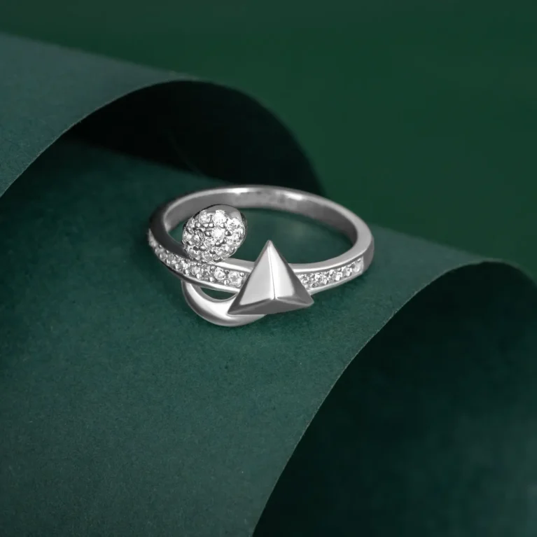 Nishav Jewellers 925 Sterling Silver Floral Pyramid Luxe Ring R 227 on table