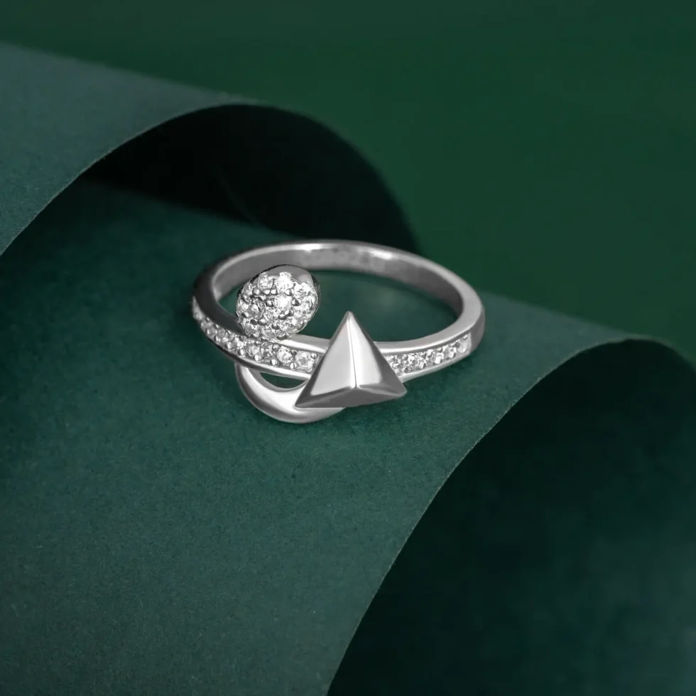 Nishav Jewellers 925 Sterling Silver Floral Pyramid Luxe Ring R 227 on table