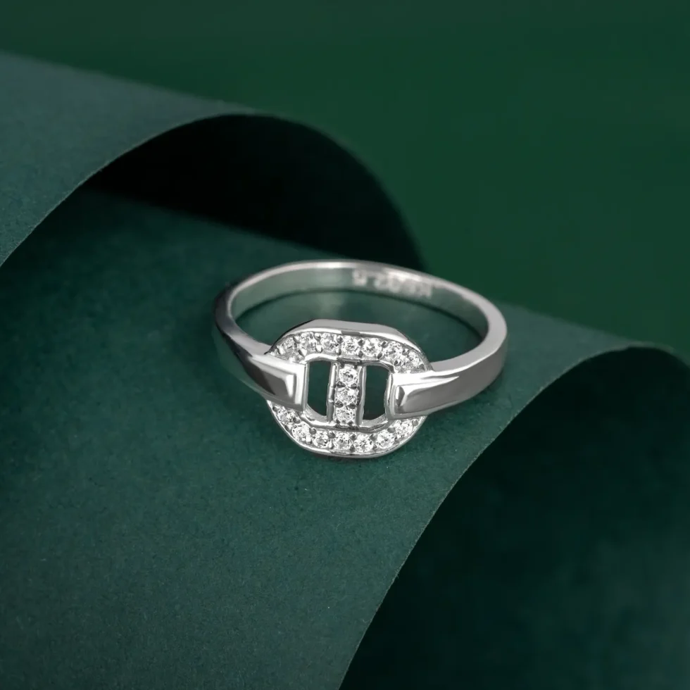 Nishav Jewellers 925 Sterling Silver Hermes diamond Ring R 67 on table