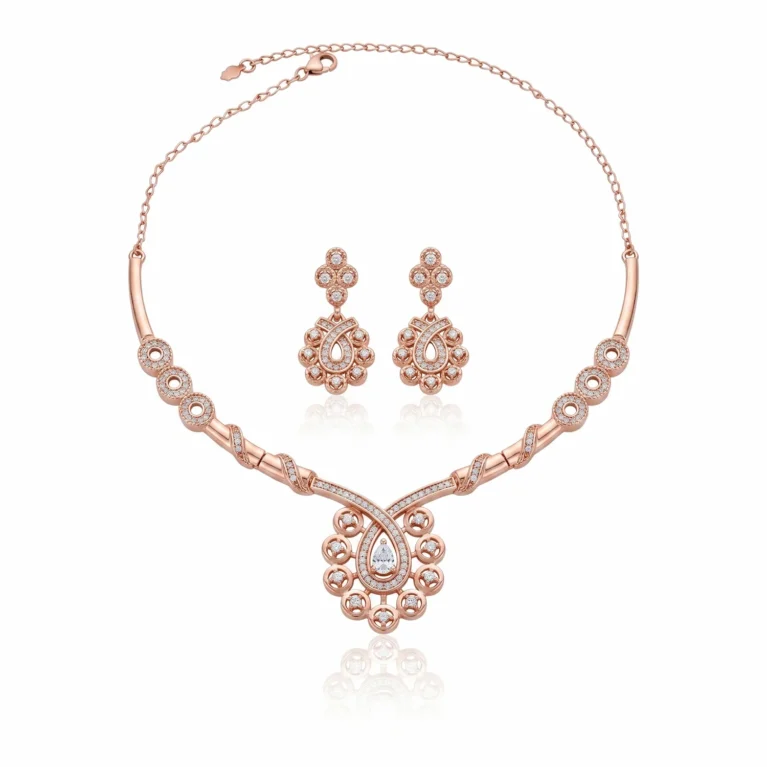 Nishav Jewellers 925 Sterling Silver Lotus Drop Pavé Necklace Set