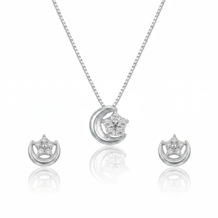 Nishav Jewellers 925 Sterling Silver Celestial Moon and Star Necklace Set