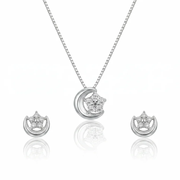 Nishav Jewellers 925 Sterling Silver Celestial Moon and Star Necklace Set